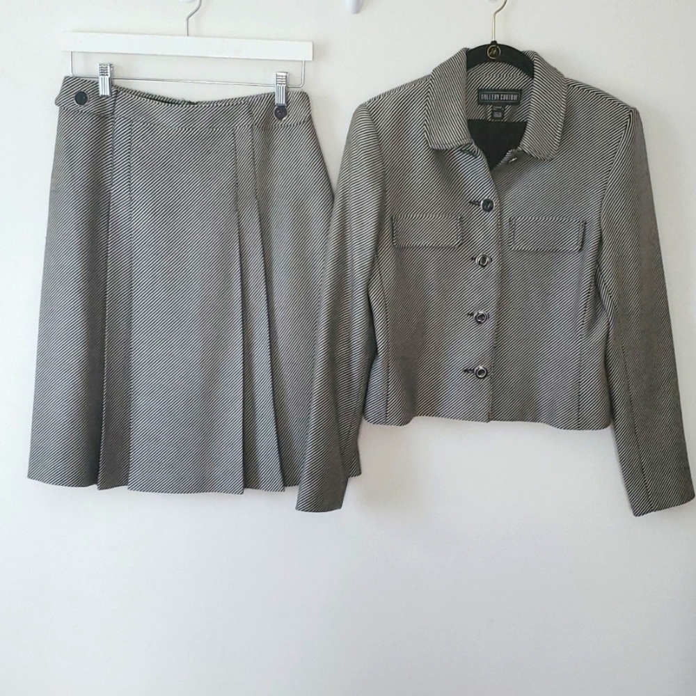 Gallery Couture Herringbone Wool & Cashmere Blend Tweed Pleated Skirt and blazer